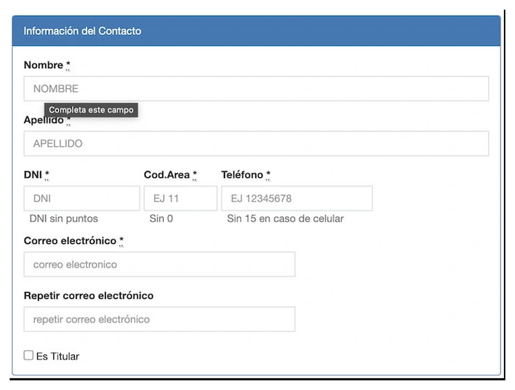 Paso 2 para sacar turno de la VTV en San Miguel: información del contacto